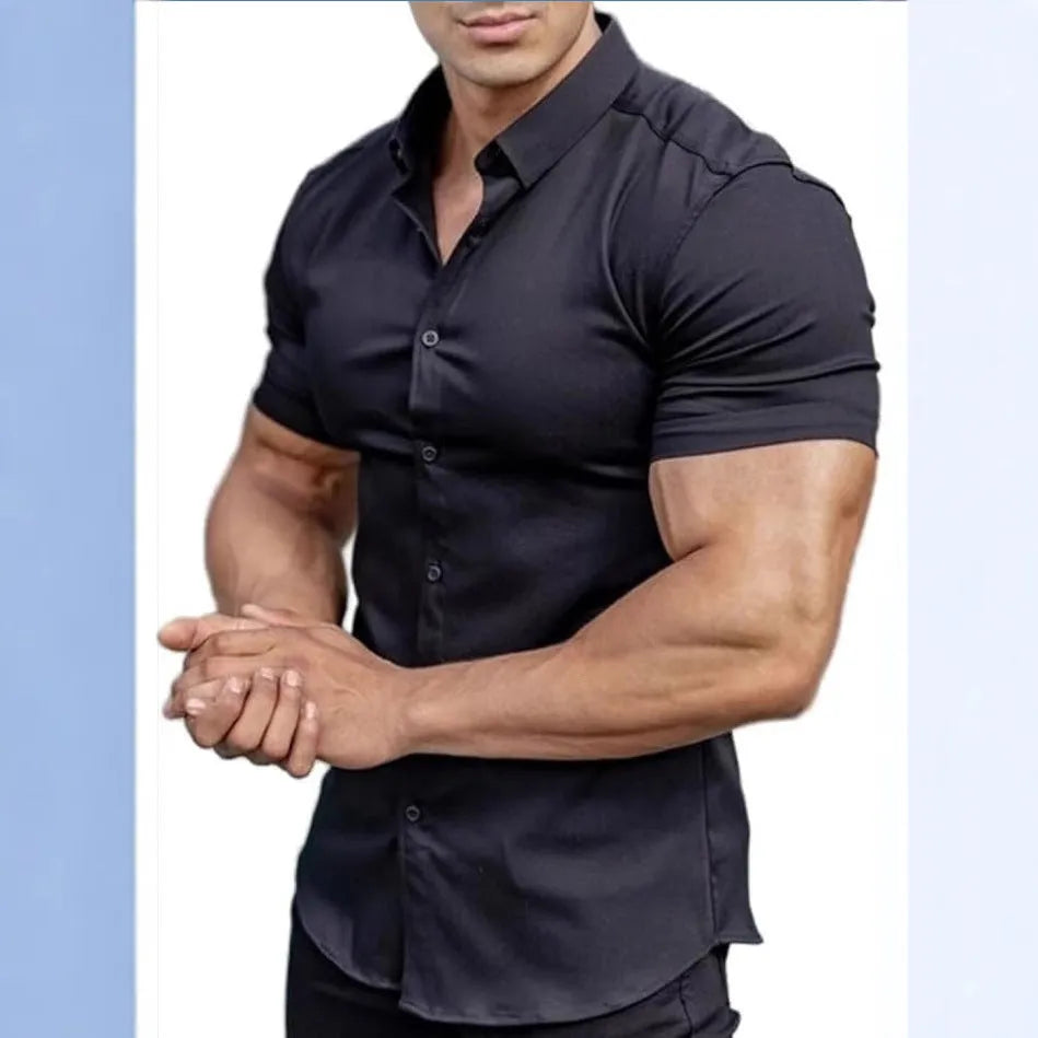 Men's brown short sleeve casual printed shirt with a collar on a hanger.