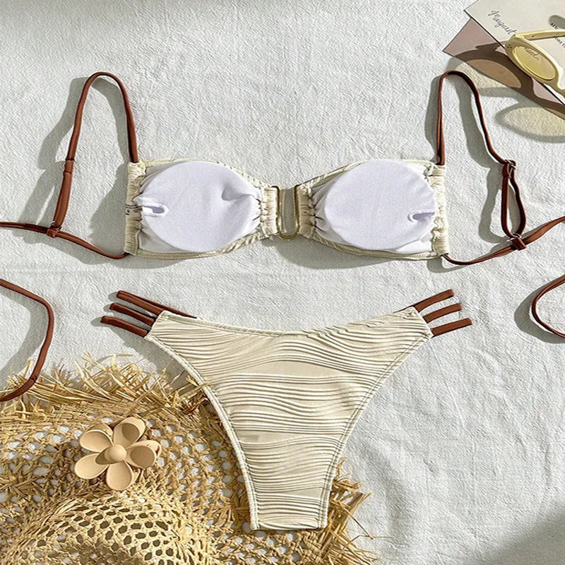 Women's polyester three-point bikini set in khaki with striped pattern, front view