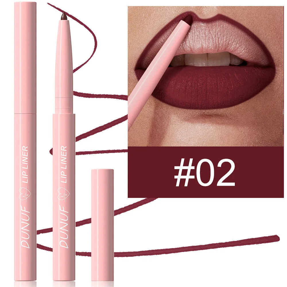 Velvet matte lip liner pencil in a choice of 12 colours for easy application.