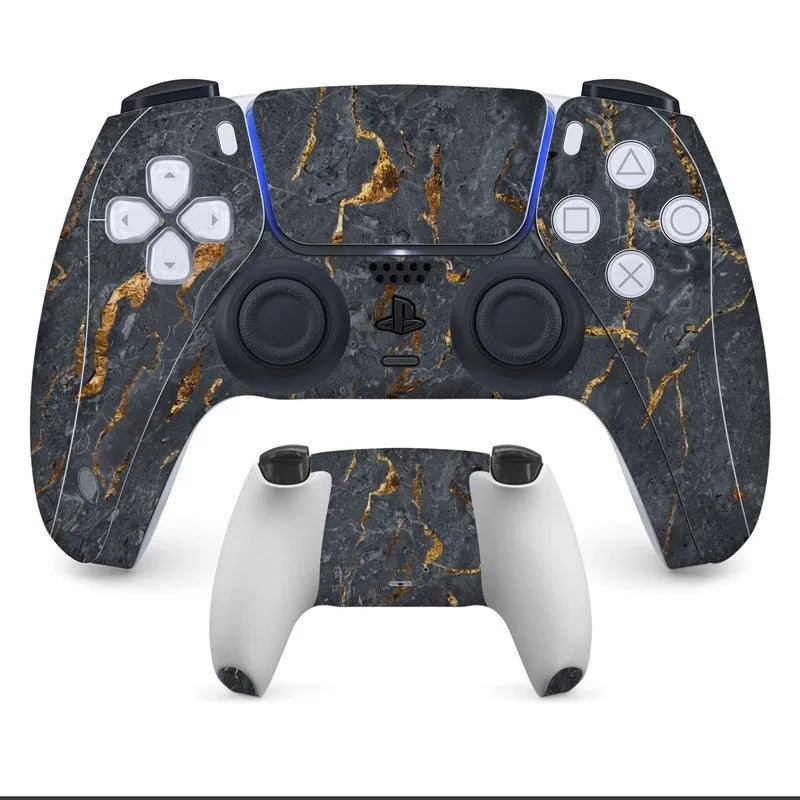 PS5 controller protective sticker kit showing front and back skins in one of eight available styles.
