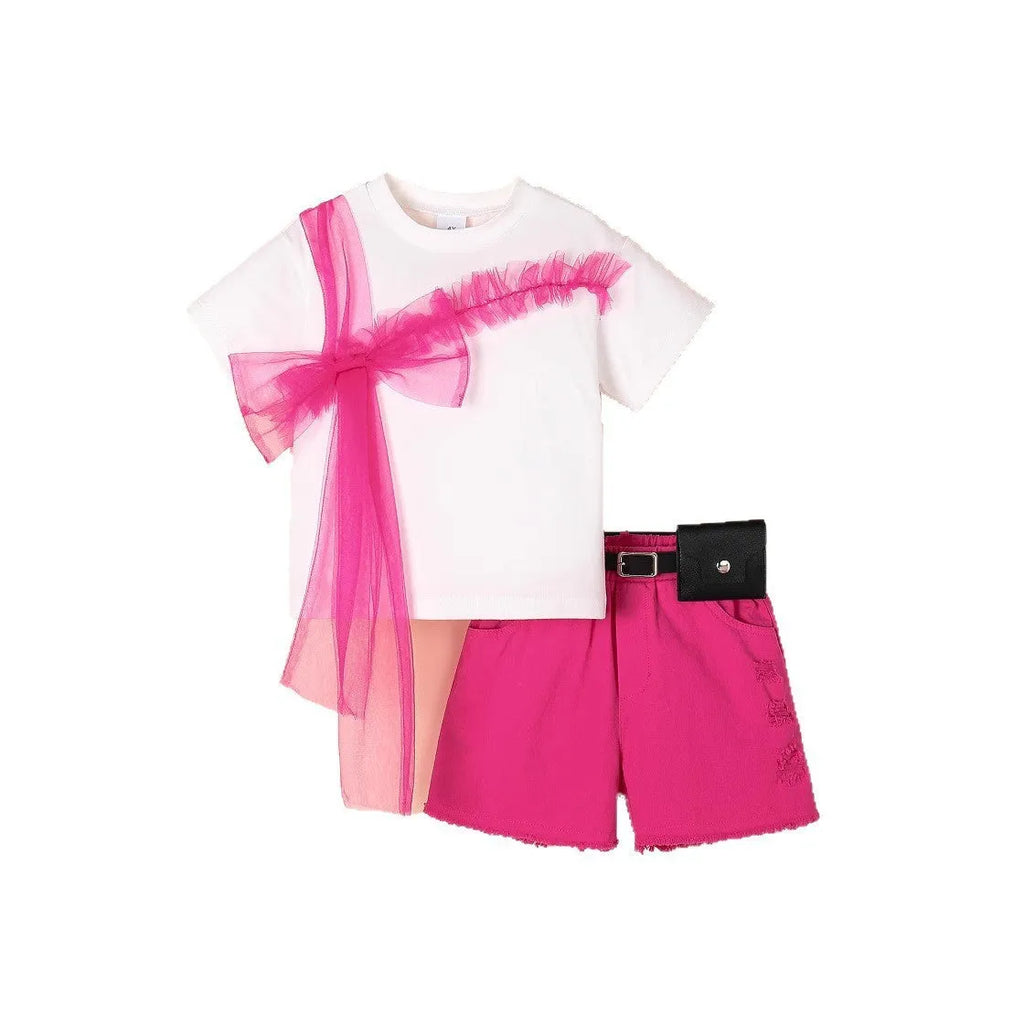 Girls rose red cotton short-sleeved T-shirt with denim shorts and belt set for heights 4Y-7Y