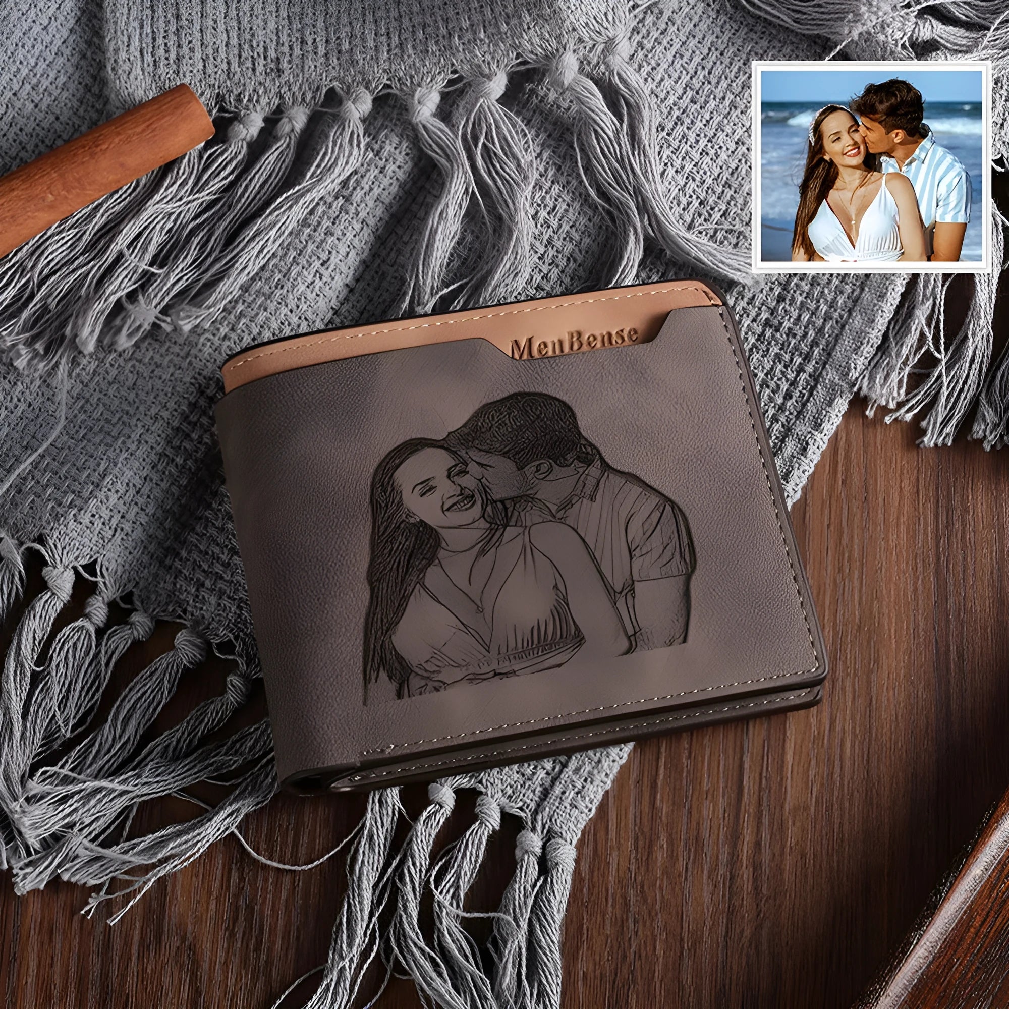 Coffee brown engraved horizontal short wallet showing personalisation and seven interior compartments