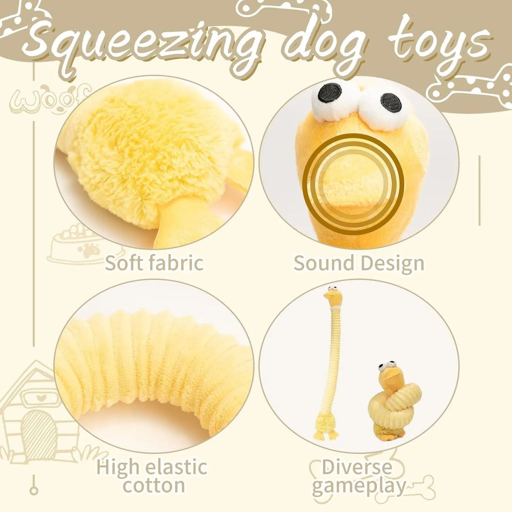 Plush stuffed squeaky dog toys with crinkle sounds in brown grey yellow colours