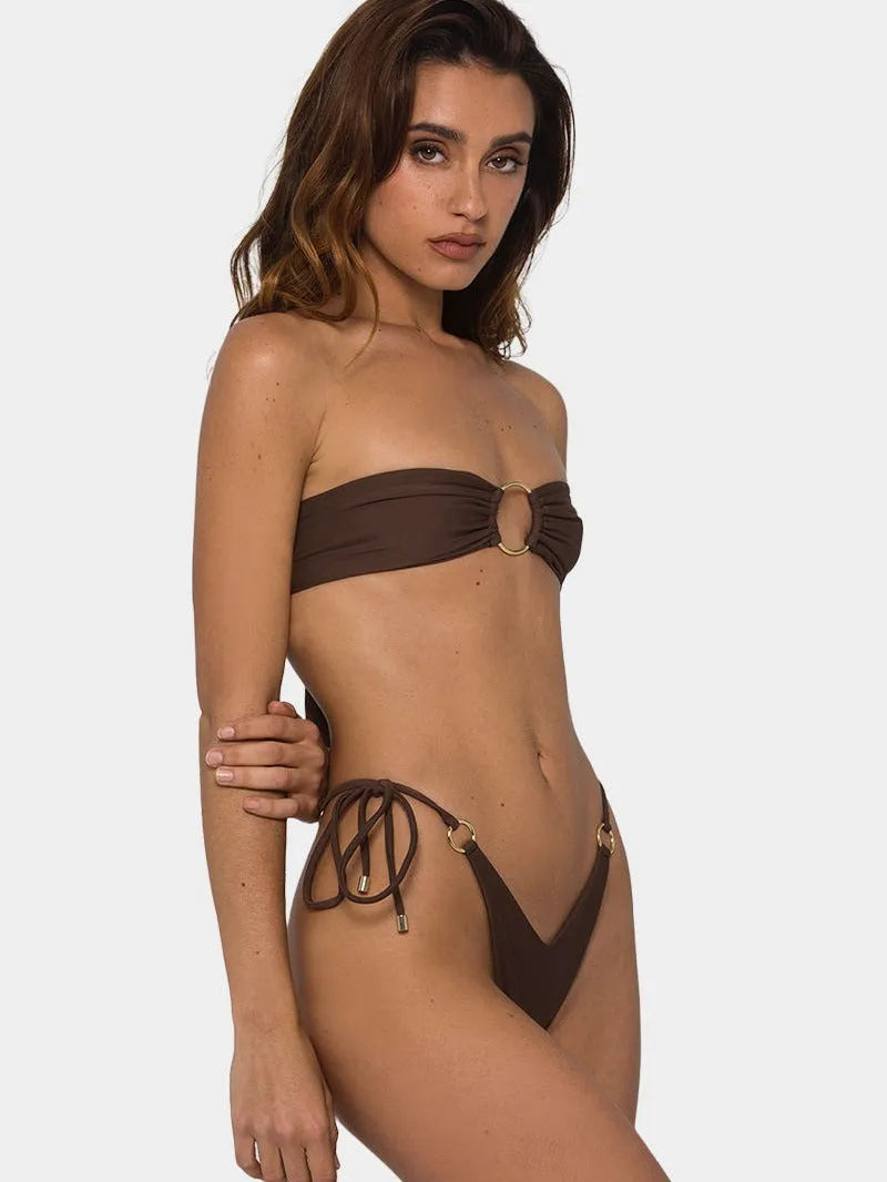 Brown tube top push up bikini split swimsuit with ring tether design