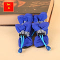Set of four dog shoes in cloth material with soft soles, shown in multiple colour options including fleece-lined variants