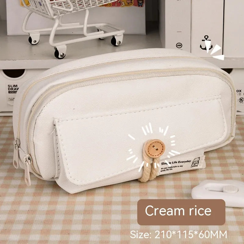 Large capacity Korean style canvas pencil case storing multiple pens in green colour option