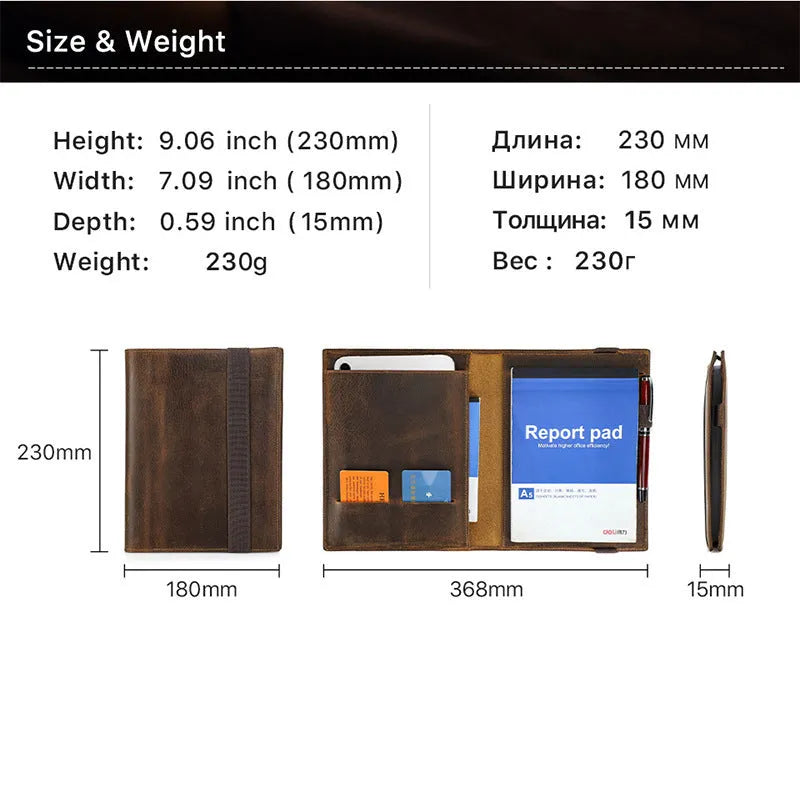 Brown Crazy Horse leather A5 notebook protective sleeve with square design and socket-type closure