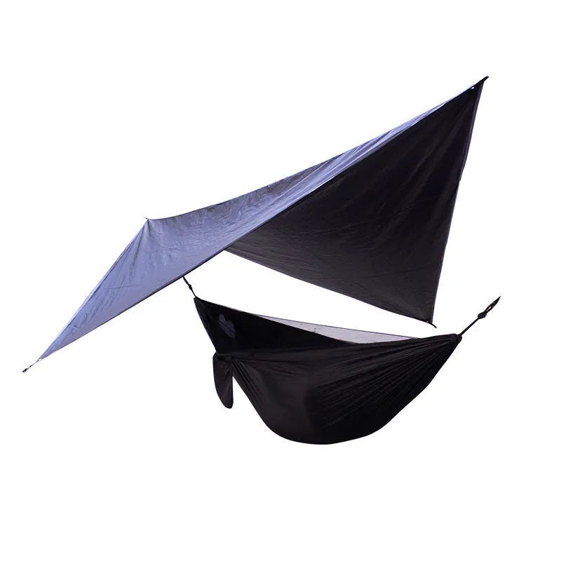 Portable camping hammock with nylon rope surface and integrated mosquito net, with a large polyester plaid diamond canopy in army green colour