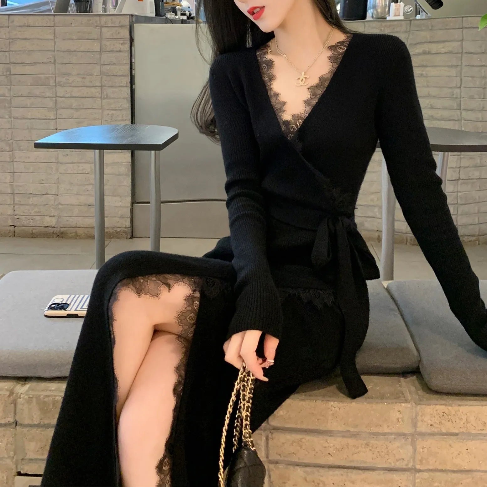 Black women's slim fit wool skirt with princess dress style elegant lines