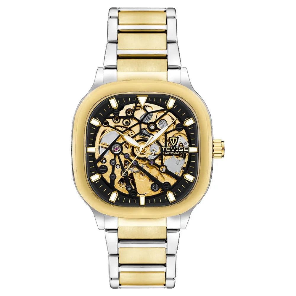 Men's waterproof automatic watch with square hollow luminous dial on stainless steel strap