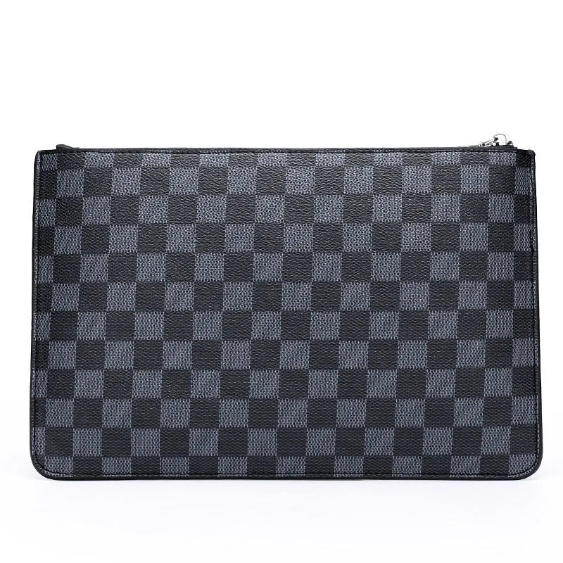 Men's black checkered pattern PU leather clutch showing card slots and handheld design.