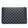 Men's black checkered pattern PU leather clutch showing card slots and handheld design.