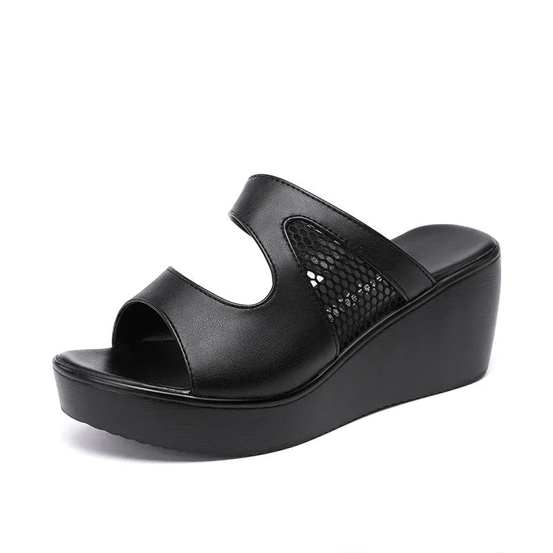 Black thick bottom platform mesh wedge sandals with 6cm heel and waterproof waxing leather upper