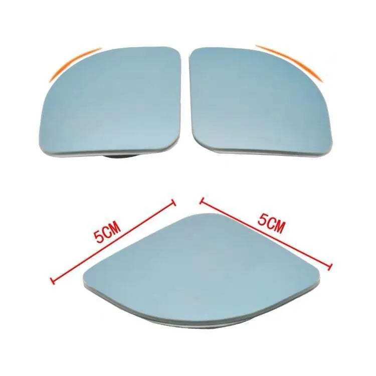 A pair of small, fan-shaped white glass blind spot mirrors for cars, showing 360-degree adjustable mounting.