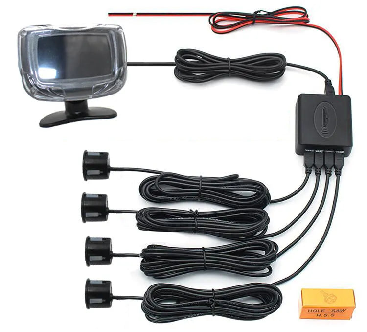 Wireless car reversing sensor kit with main unit, four probes, LED display, and installation tools.