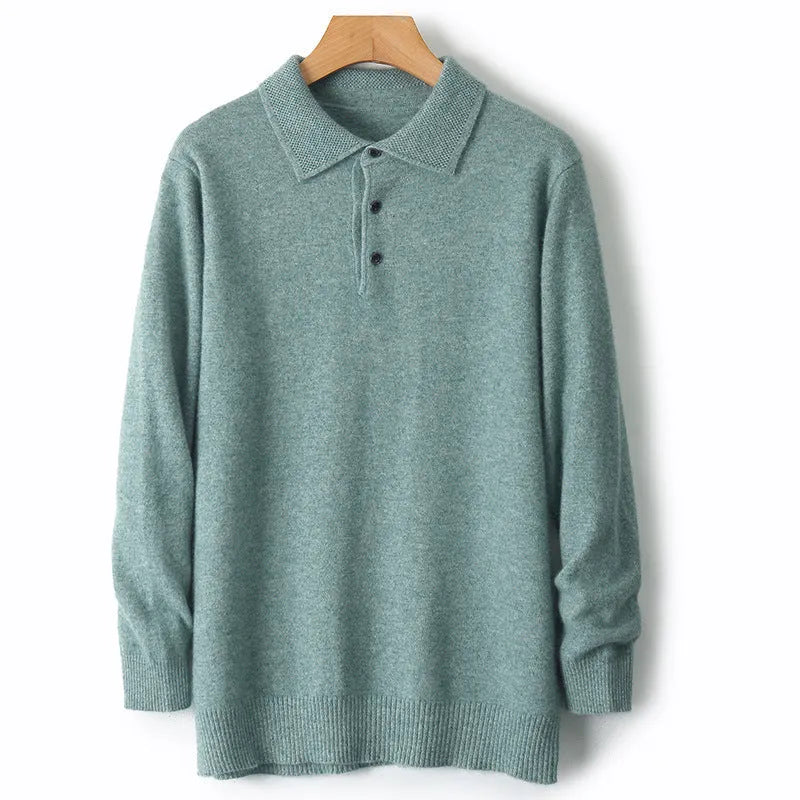 Men's wool polo collar pullover sweater in noble blue colour, showing long sleeves and collar detail.