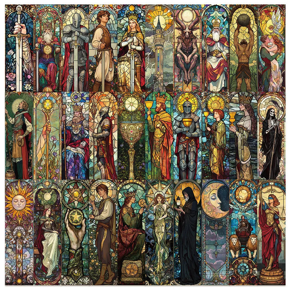 Set of thirty painted glass tarot design bookmarks in a cute homemade style on paper.