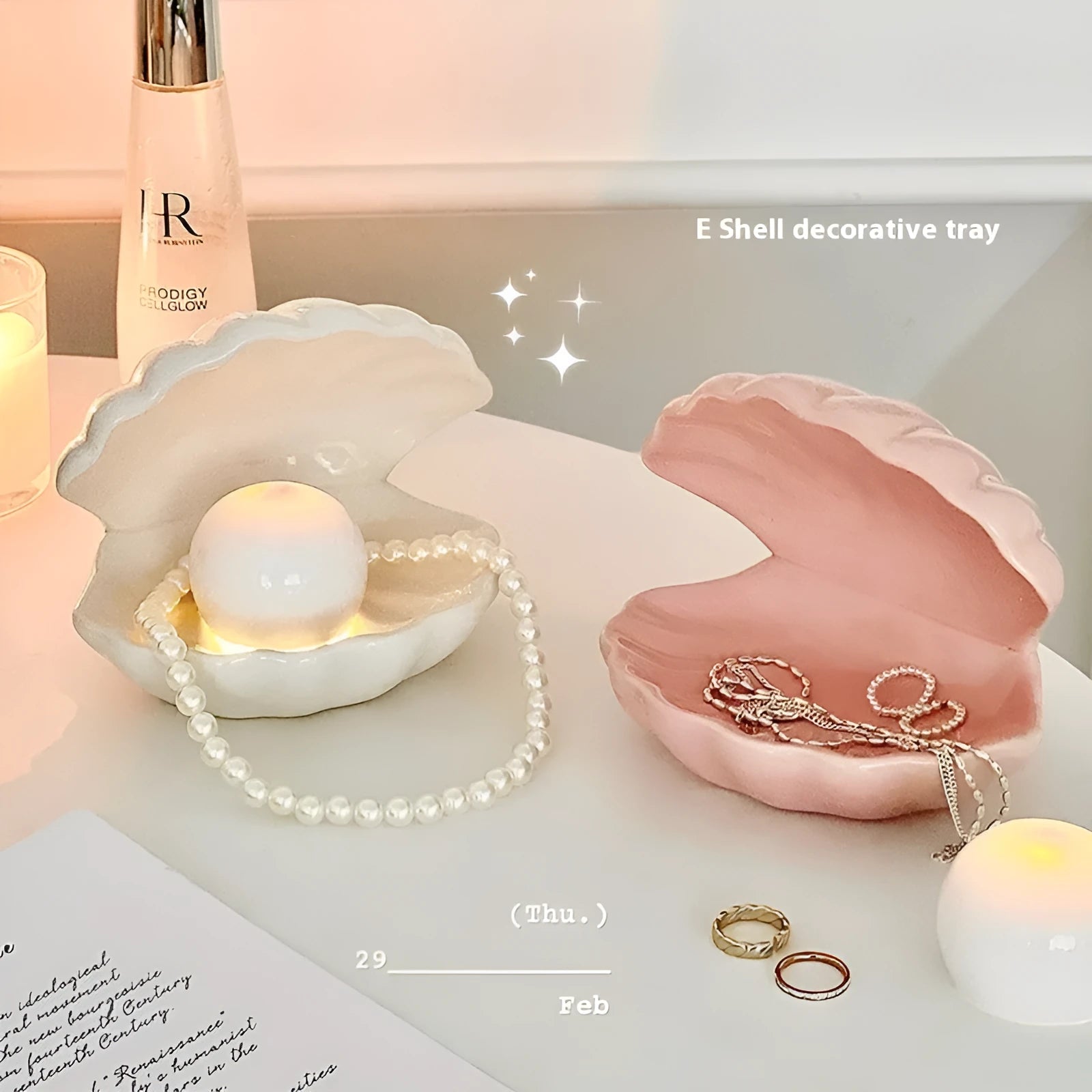 White porcelain storage tray with small night lamp in modern minimalist design