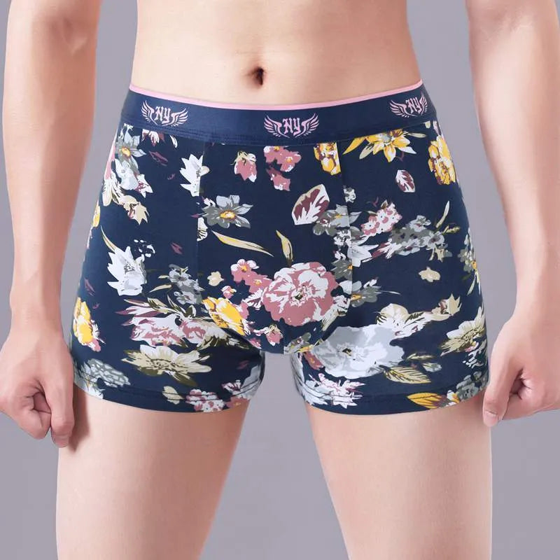 Purified cotton men's boxer briefs in a floral pattern showing mid waist and U-shaped pouch design.