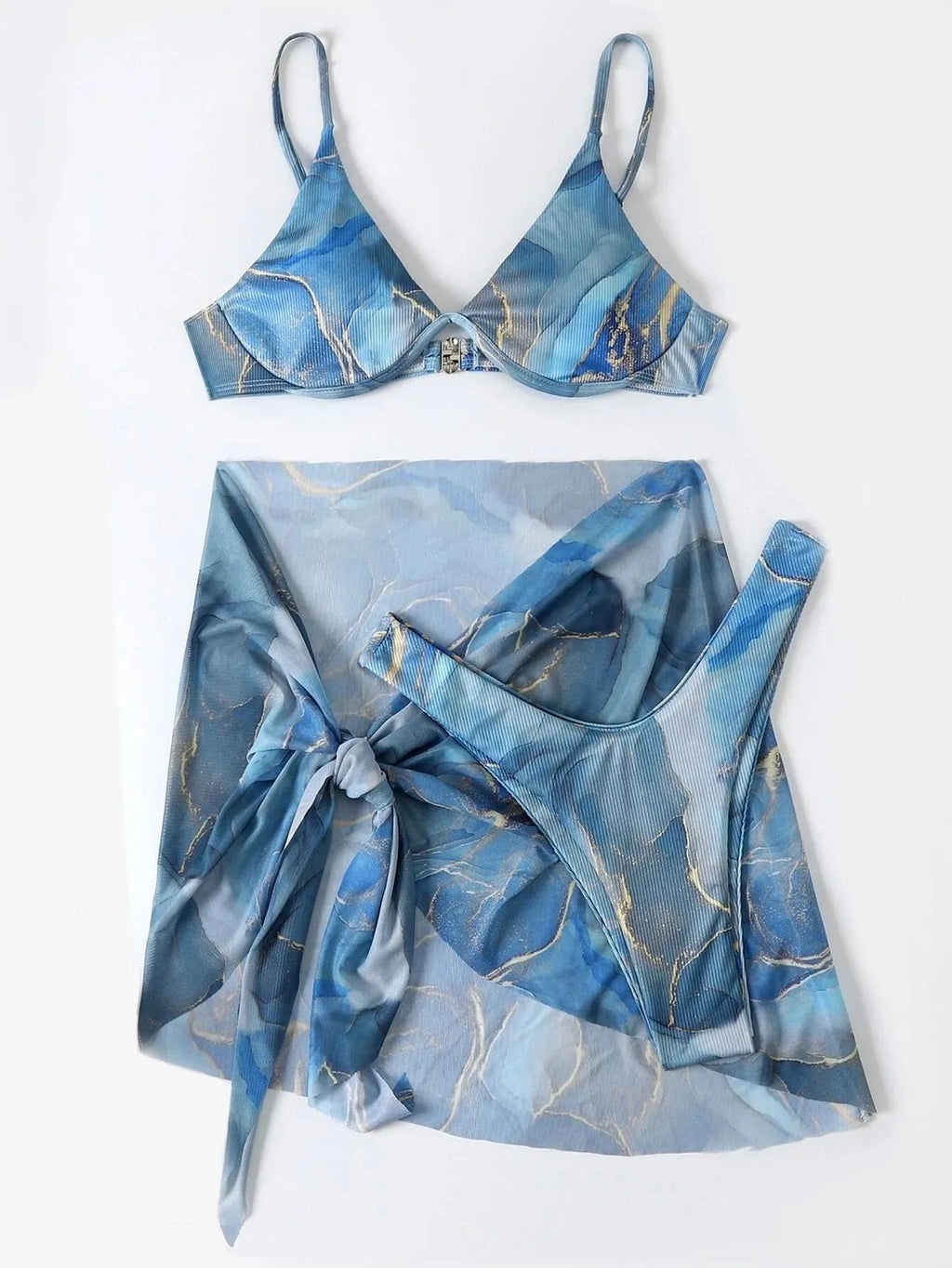 Marble printed three-piece bikini swimwear set in green red purple blue greyish blue orange colours