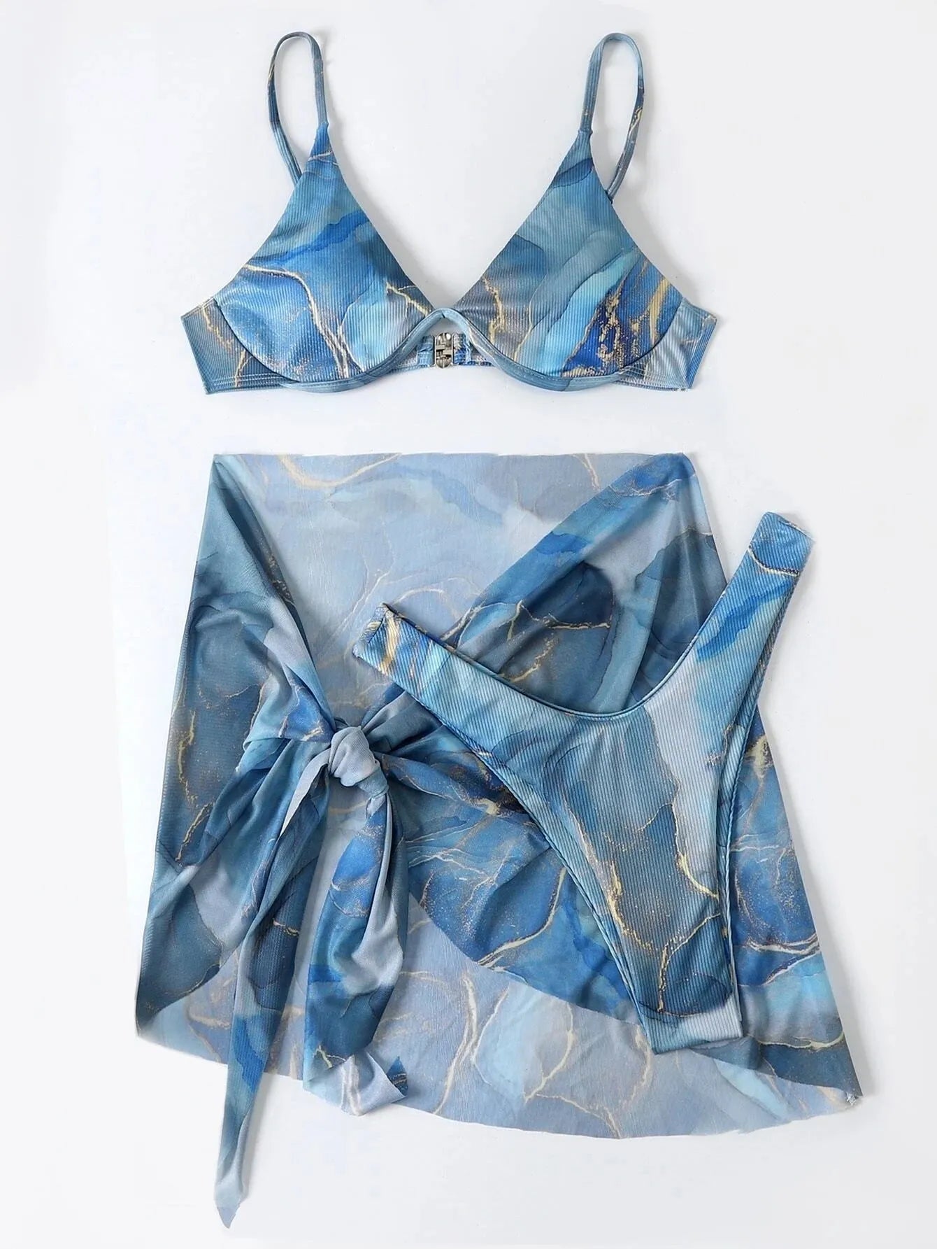 Marble printed three-piece bikini swimwear set in green red purple blue greyish blue orange colours