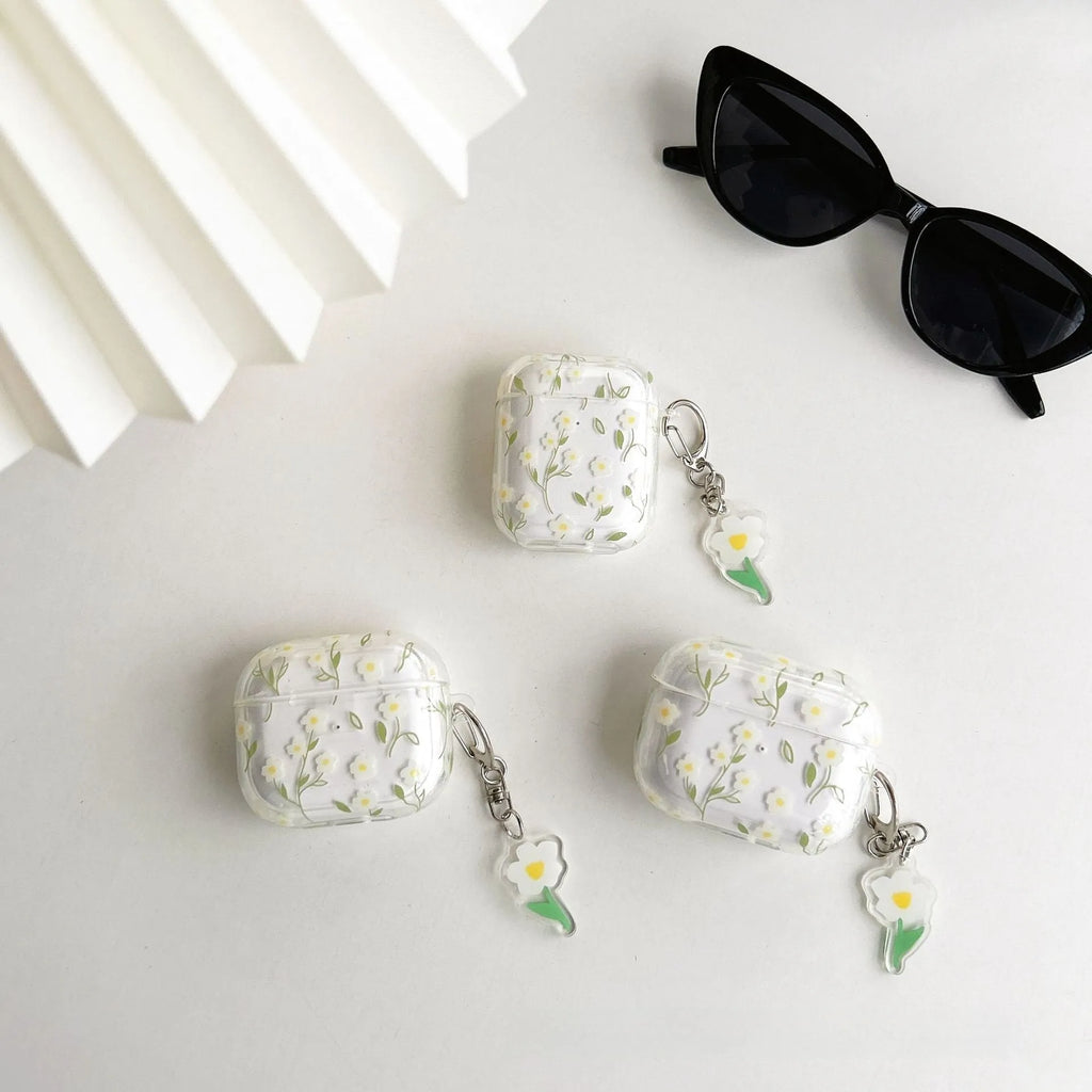 Clear TPU protective case with white floral pattern for Apple AirPods charging case