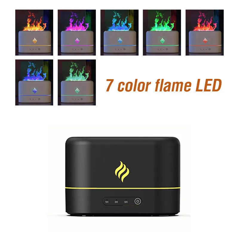 Black or white USB humidifier with seven-colour LED flame effect and mist outlet.