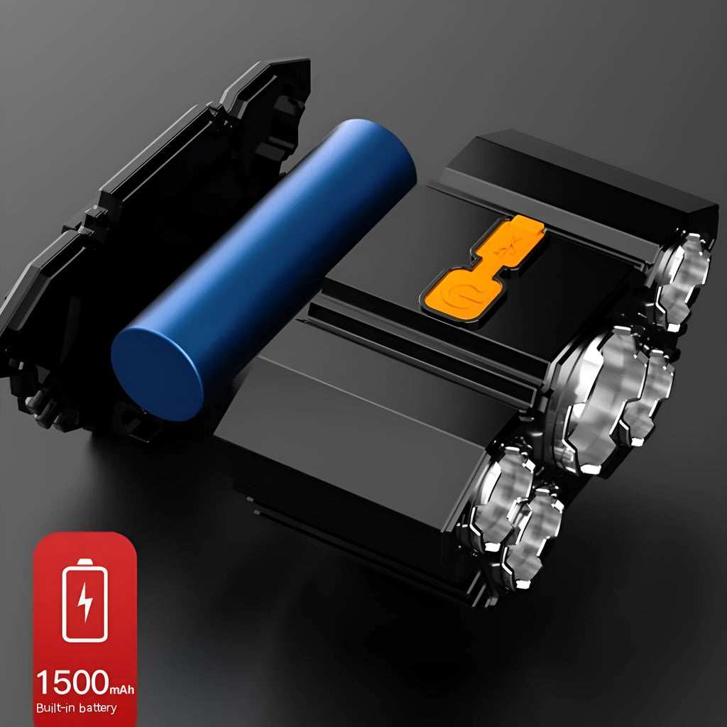 Long-range 10W LED miner's headlamp with adjustable strap and charging cable on a colour box.
