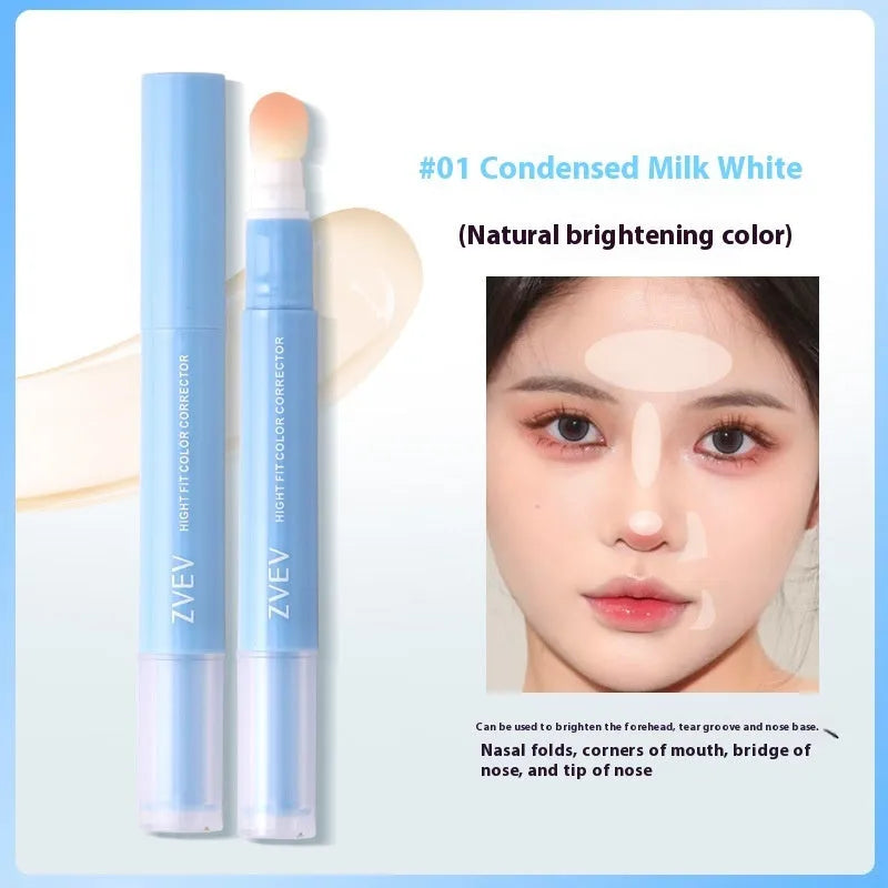 Concealer pen with sponge brush head applicator showing brightening, pink flesh, and flesh colour shades.