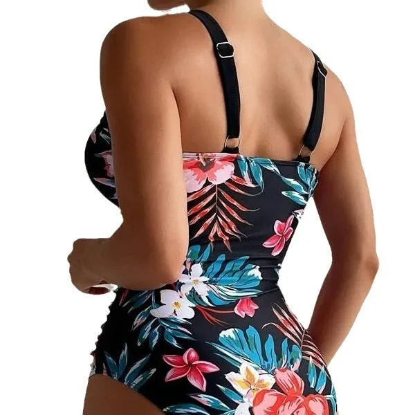 Women's floral pattern one-piece swimsuit with backless design in multiple colour options