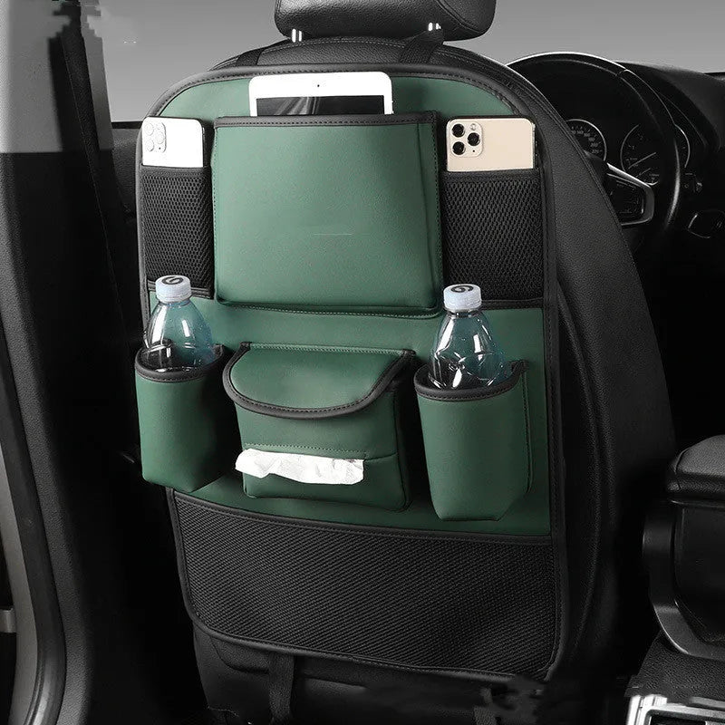Leather car seat back storage bag in black, brown, green or grey colour hanging behind vehicle seat