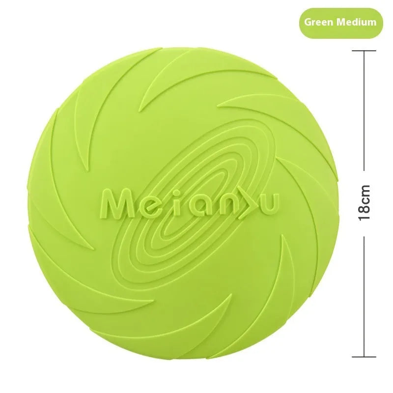 Soft rubber dog frisbee fetch toy shown in blue, green, and red colours for small, medium, and large sizes.