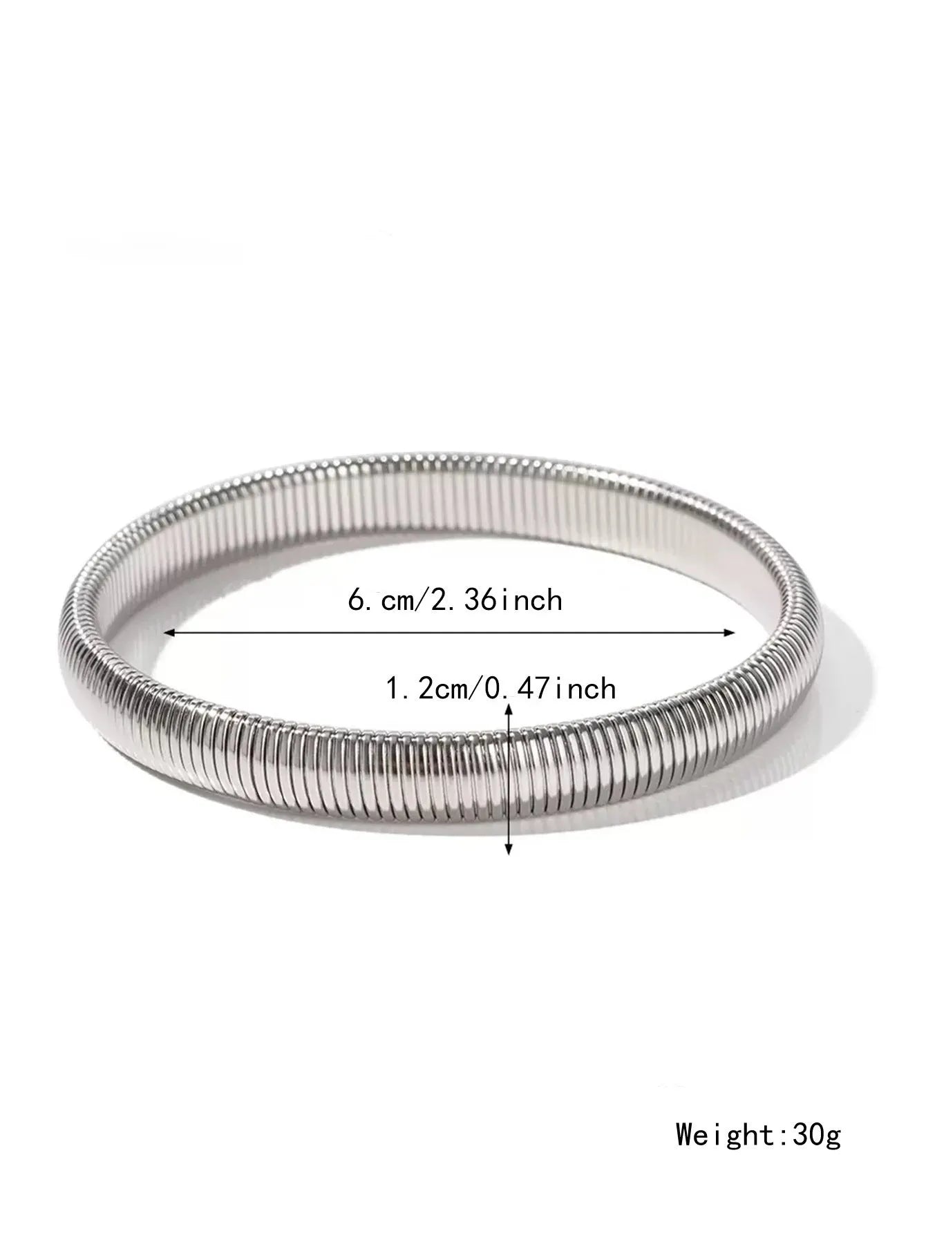 Gold titanium steel bracelet with elastic vertical stripe ring design, shown at 2cm width.