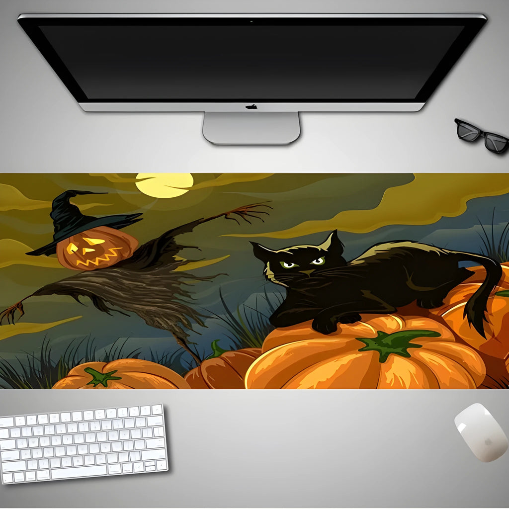 Oversized black Halloween-themed mouse pad with spooky artwork on a desk next to a gaming mouse.