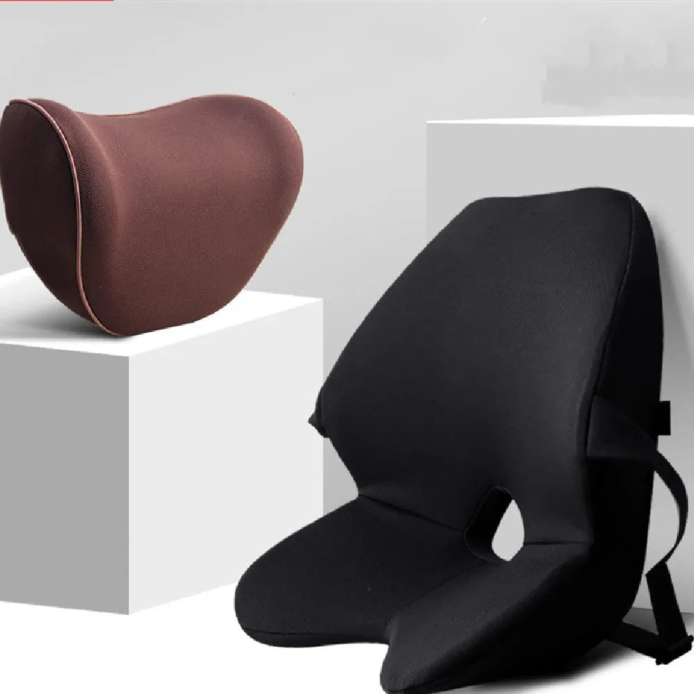 Memory foam car seat waist support pad in beige colour with optional headrest attachment