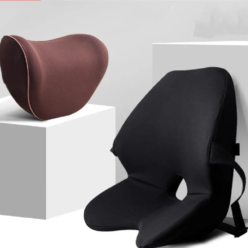 Memory foam car seat waist support pad in beige colour with optional headrest attachment