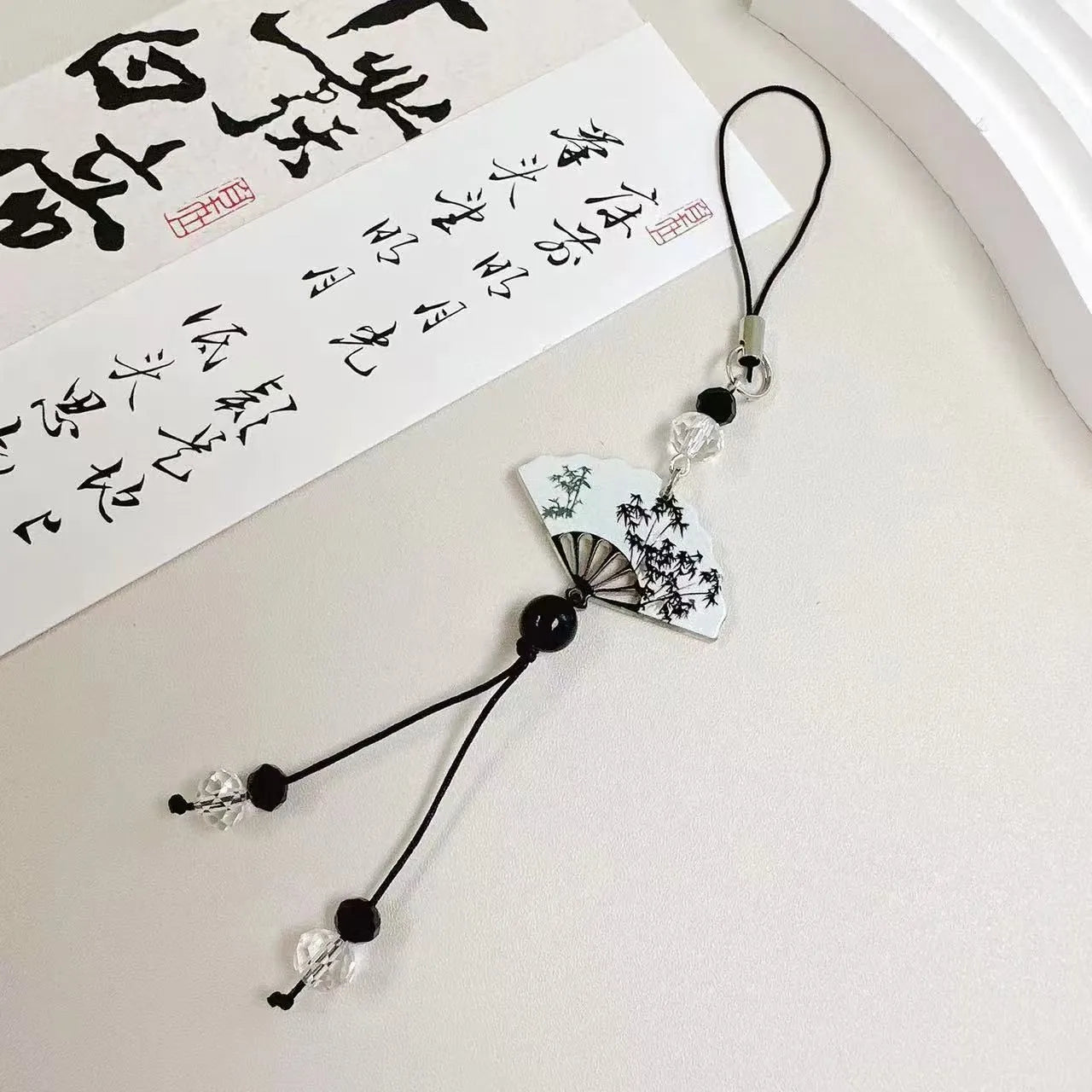 Chinese style plants pattern pendant keychain with baked varnish beads for schoolbag decoration