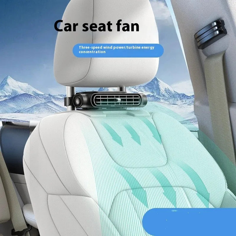 USB car seat fan with velcro strips in black, white, and beige colour options on a car headrest