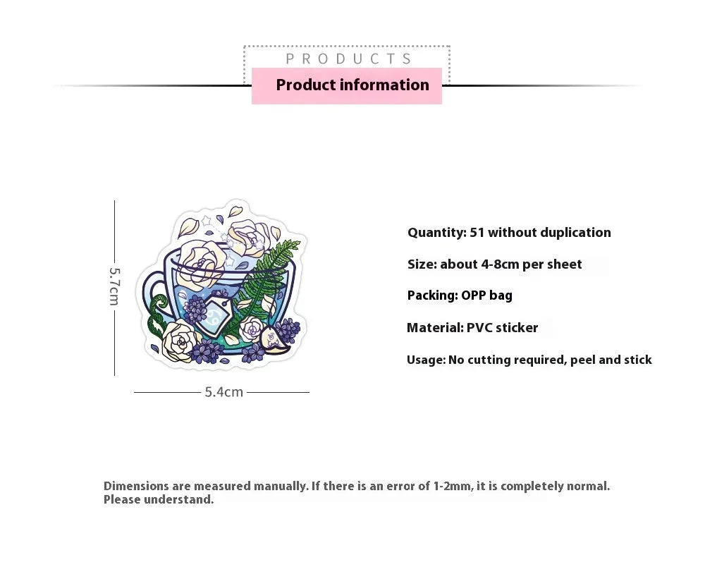 Colourful tea cup graffiti design waterproof stickers 50 piece pack for luggage and scooter personalisation