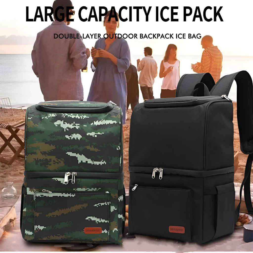 Blue insulated backpack with double-layer construction and refrigerated ice pack compartment open