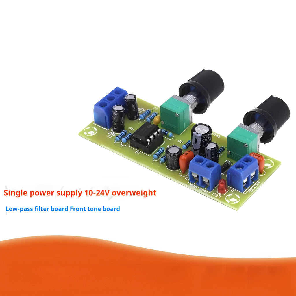 Single power supply 10-24V super dynamic bass boost front stage audio circuit board on a green FR-4 PCB.
