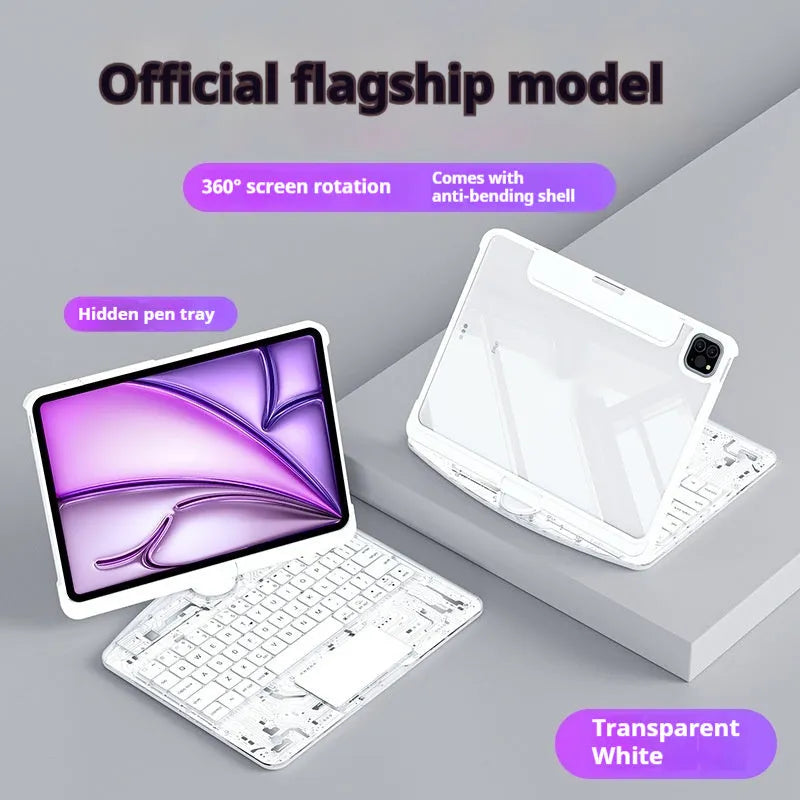 Transparent rotating keyboard protective case for iPad Air 5 tablet showing wireless keyboard and 360-degree hinge