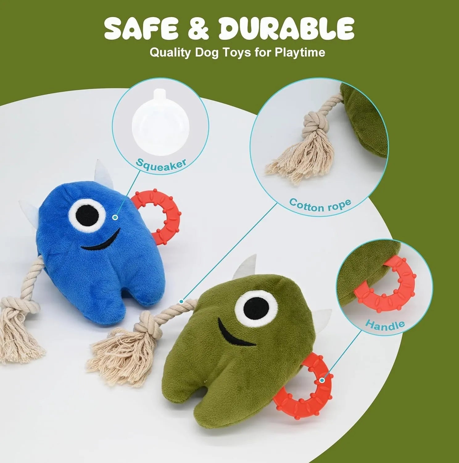 Blue and green plush monster dog toy with rope tug handles