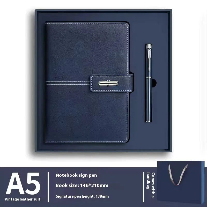 Custom A5 notebook with imitation leather cover in Business Black showing wood-free paper interior pages