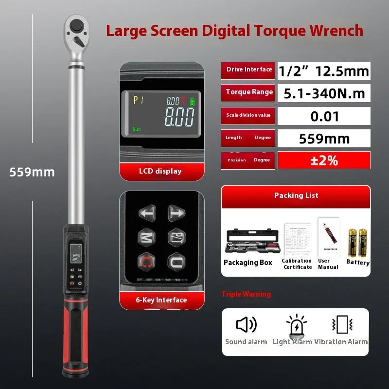 Electronic digital display torque wrench with triple alert system showing sound, light, and vibration warnings