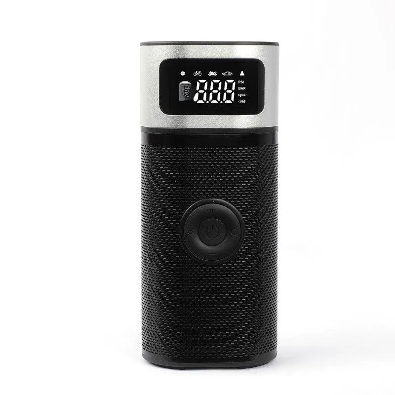 Black portable wireless air pump with metal construction, USB charging port, and 15cm inflation tube
