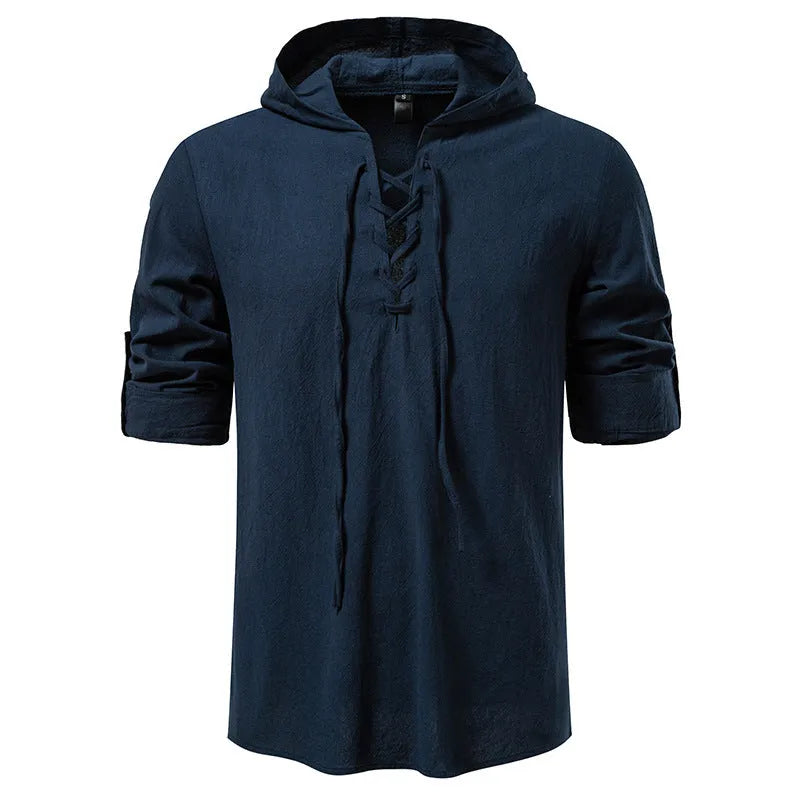 Men's cotton-linen long sleeve shirt with medieval pirate drawstring in khaki colour, slim fit, front view
