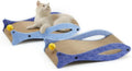 Blue fish-shaped cardboard cat scratcher with a wavy lounging area and a hanging bell ball toy.
