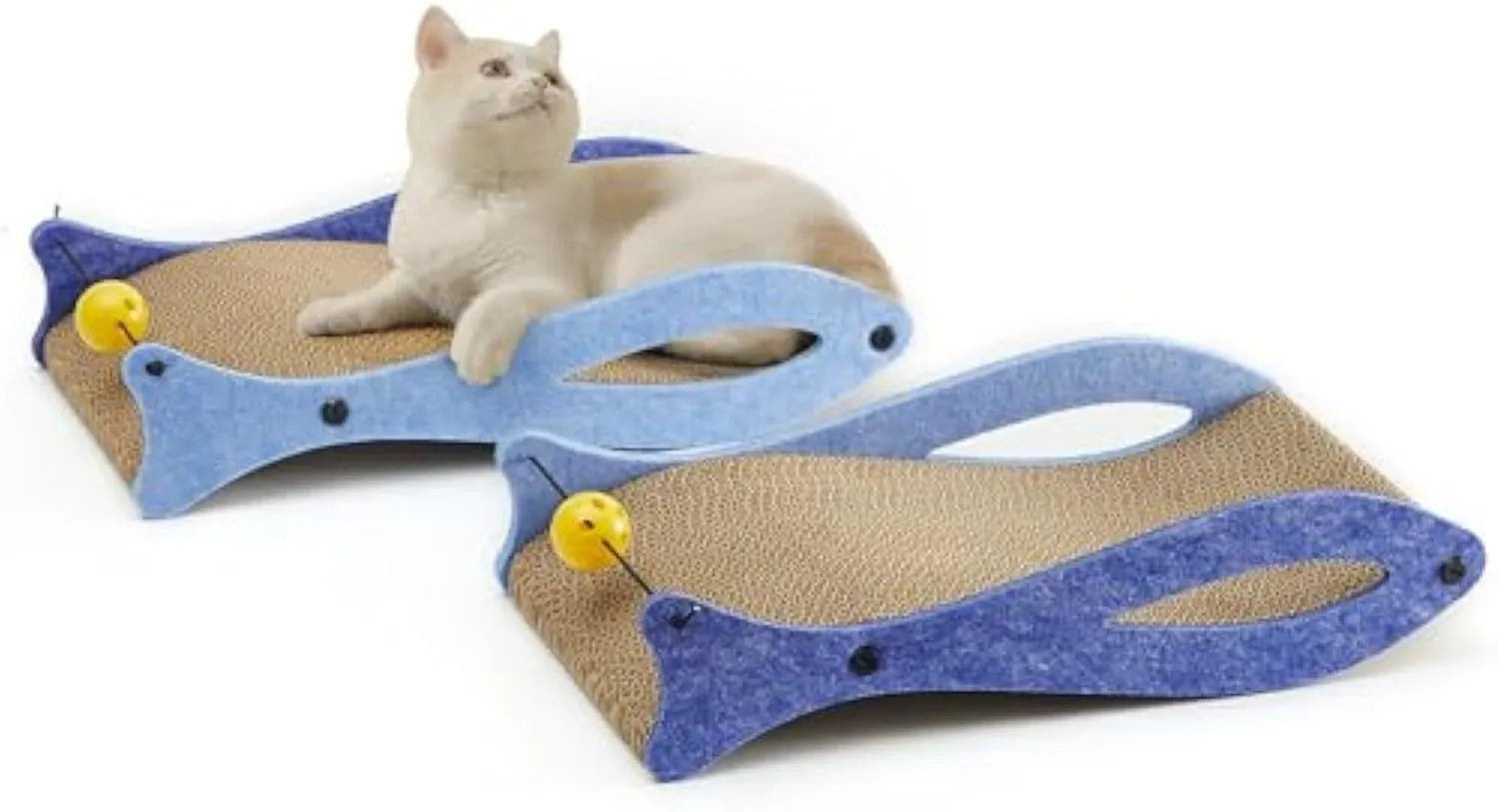 Blue fish-shaped cardboard cat scratcher with a wavy lounging area and a hanging bell ball toy.