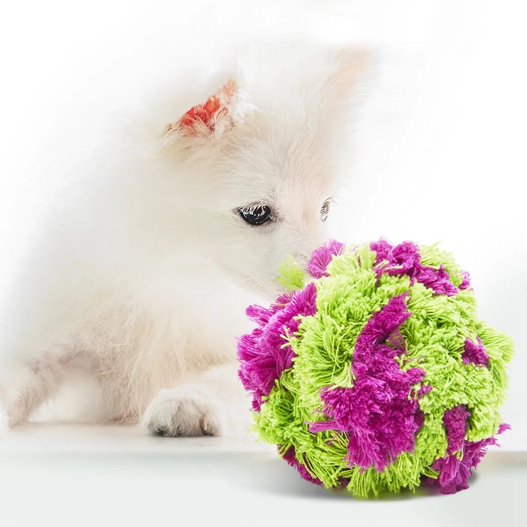 Purple plush seaweed ball dog chew toy measuring 15cm diameter for teething puppies and interactive play